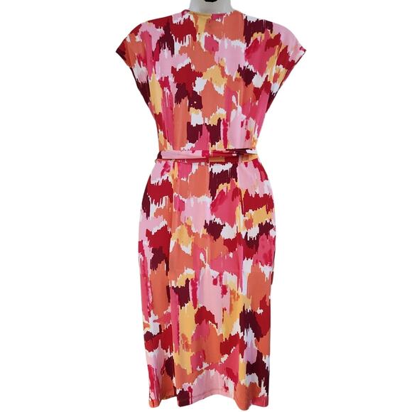 Maggy London Printed Abstract Jersey Wrap Dress V-Neck Watercolor Pink Size 4 - Picture 2 of 10